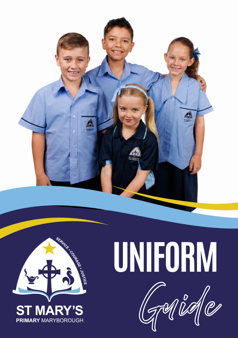 Children in school uniform on a white background with the words St Mary's Uniform Policy